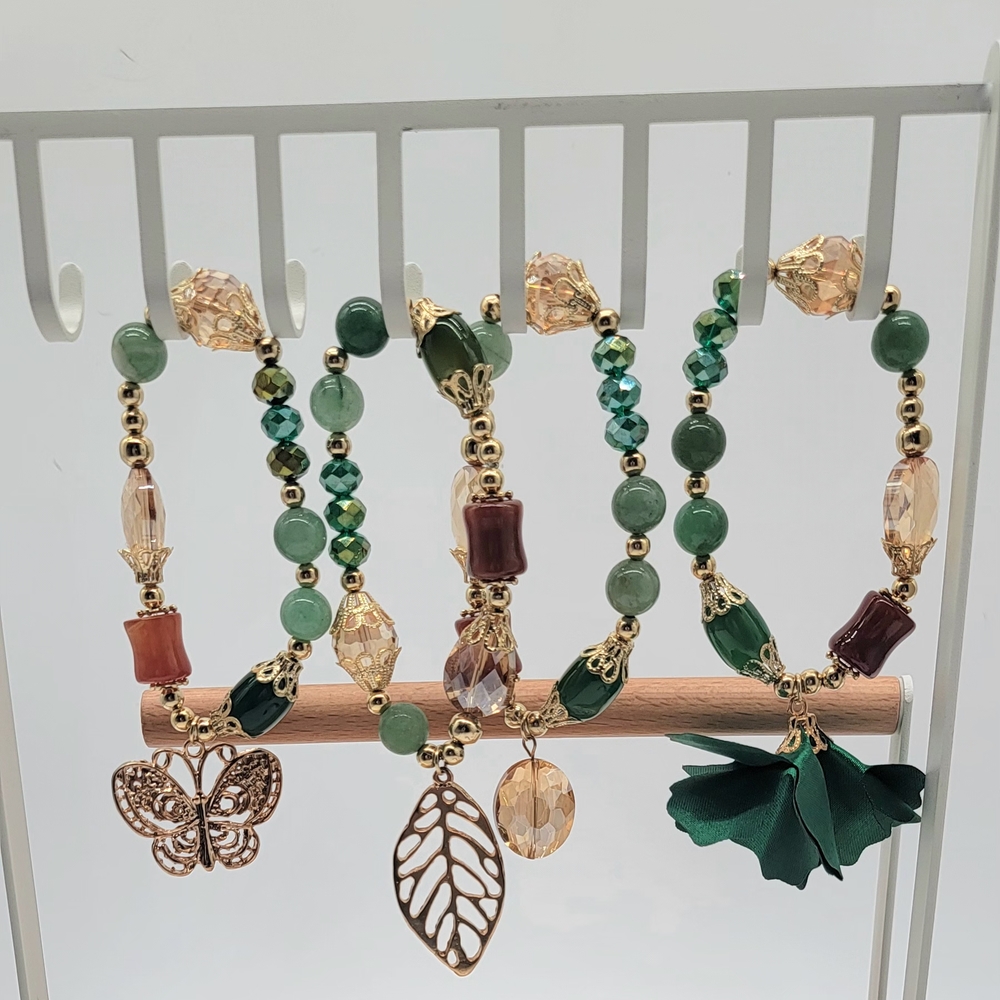 Hand Crafted Green and Gold Charm Bracelet Set